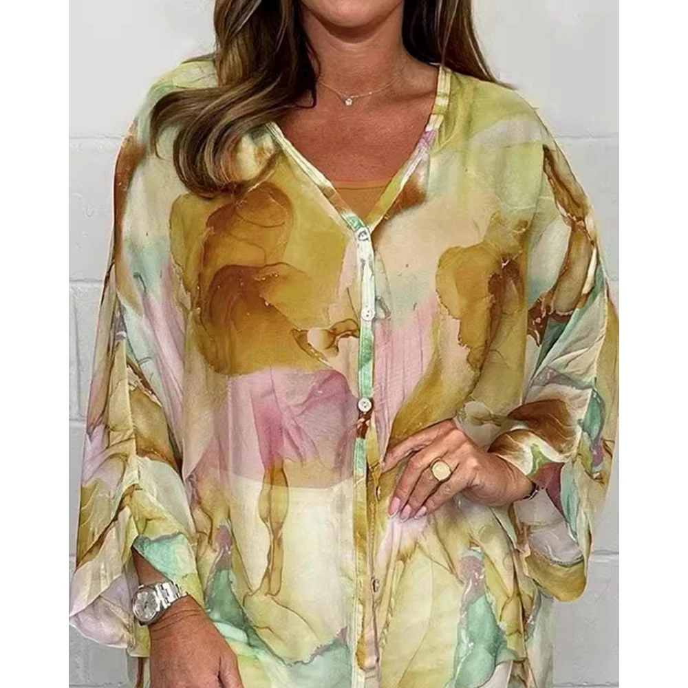 2024 Women's V-Neck Asymmetric Buttoned Blouse Top Lady All Over Print Long Sleeve Casual Shirts Fashion Summer New Clothing