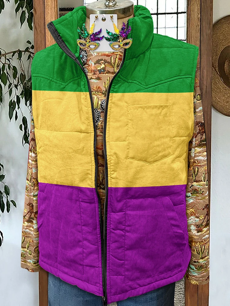 Mardi Gras Contrast Print Pocket Vest