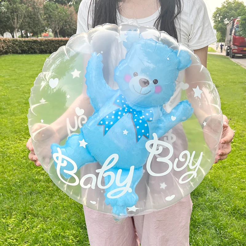 4D Transparent Baby Shower Boy Girl Bear Bubble Ball Kids 1st Birthday Party Blue Pink Helium Balloon Gender Reveal Decoration