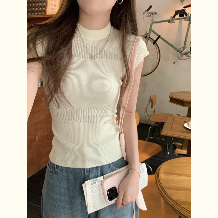 Fashion Hollow Out T-shirt Women Ice Silk Knitted Short Sleeve Irregular Slim Casual Top Tee Blouse