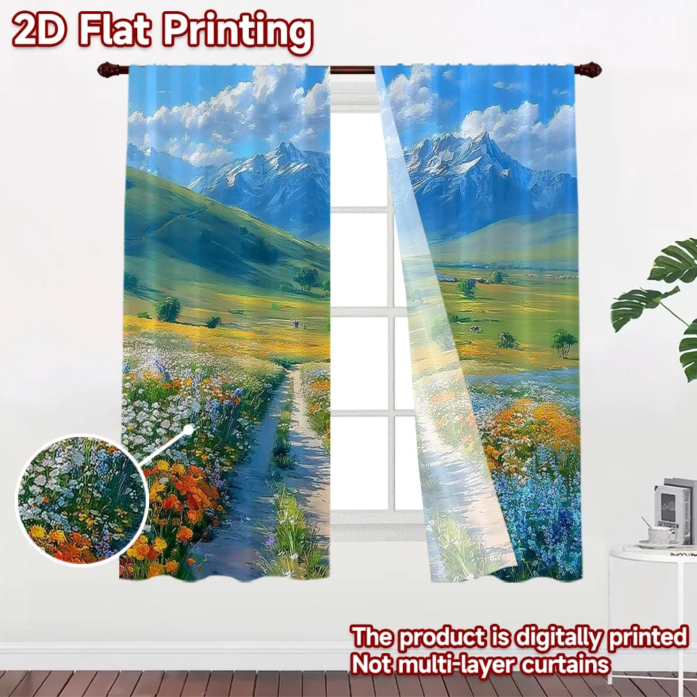 2D flat printing 2pcs Curtain Curtains Mountain Meadow Path Digital Printed Polyester Drapes Family Party for Photo Booths