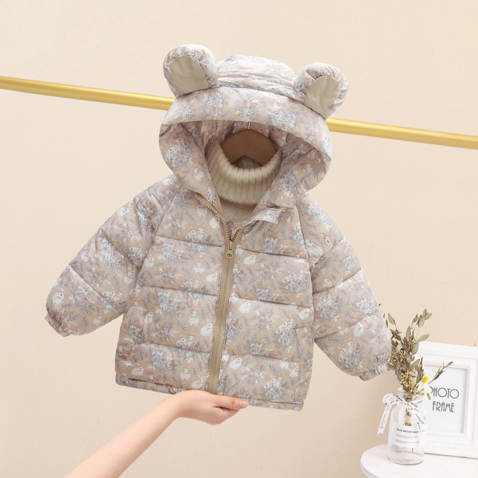 Girls' Winter Cotton Jacket Thickened Warm Jacket Butterfly Printed Baby Winter Clothing, Hooded Baby'S Thick Jacket 0-3 Years