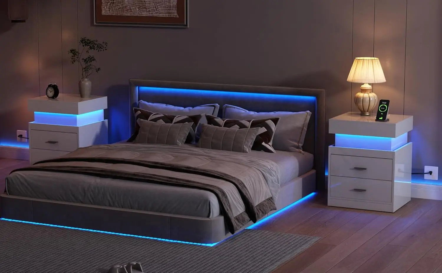 Nightstand with Charging Station, Smart Night Stand with Sliding Top Storage, 2-Drawers High Gloss Bedside Table, Modern End Tab