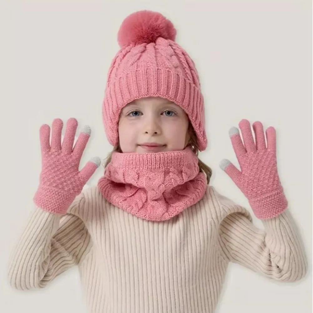 

Casual Solid Color Baby Hat Scarf Gloves Set Cute Pompom Thickened Toddler Knitted Hats Warm Ears with Velvet Hat Set Boys
