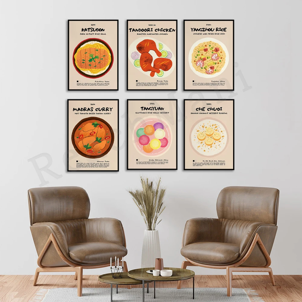 Katsudon rice bowl japanese, chinese sticky rice ball dessert, indian curry, tandoori chicken, vietnamese asian food poster