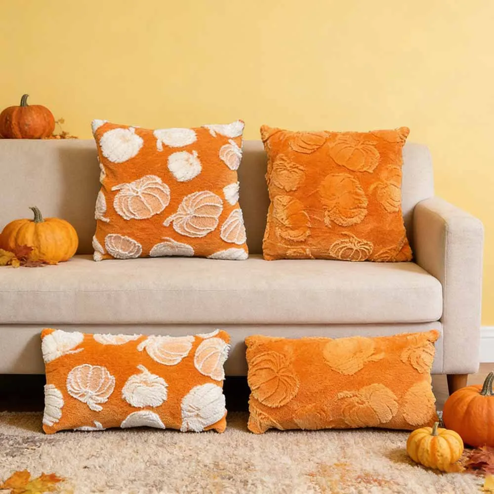 Halloween Soft Plush Raised Jacquard Pumpkin Cushion Cover Decorative Square Throw Pillow Cover Suitable for Living Room