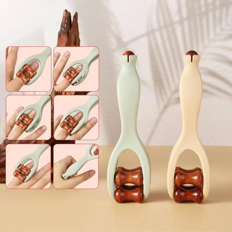 @-1Pc Finger Massage Roller With 360° Rollers Clip Solid Wood Design Finger Massager Acupressure Stick For Hand Meridian Relief