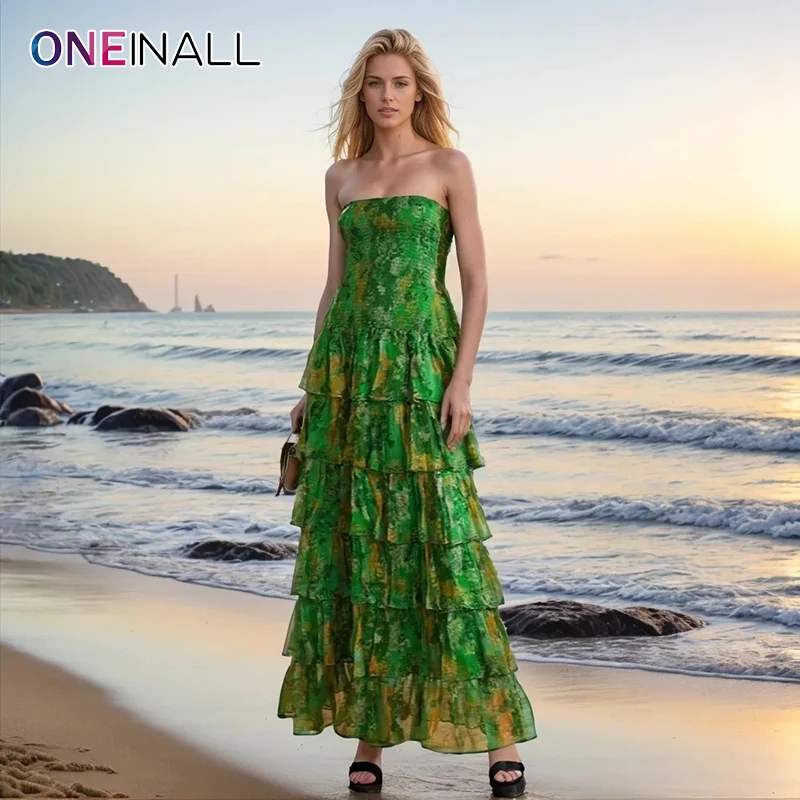 

ONEINALL Print Elegant Dresses For Women Strapless Sleeveless Off Shoulder Patchwork Ruffles High Waist Long Dress Female Summer