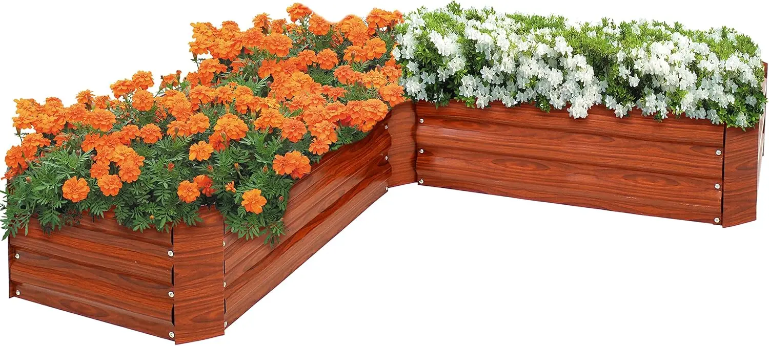 

11.75" H Raised Metal Garden Bed - Galvanized Raised Garden Bed Outdoor for Vegetables and Flowers - Woodgrain - L-Shaped