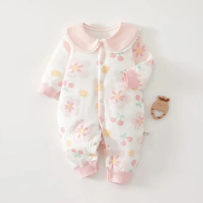 Newborn Baby Cotton Bodysuit Long-sleeved Thickened Cute Printed Lapel Bodysuit Boys And Girls Comfortable Warm Bodysuit