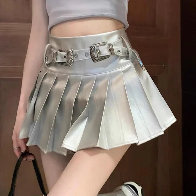 Pu Leather Silver Pleated Skirts Fashion Women Summer with Belt High Waist Mini Skirt Woman Harajuku A Line Short Skirts