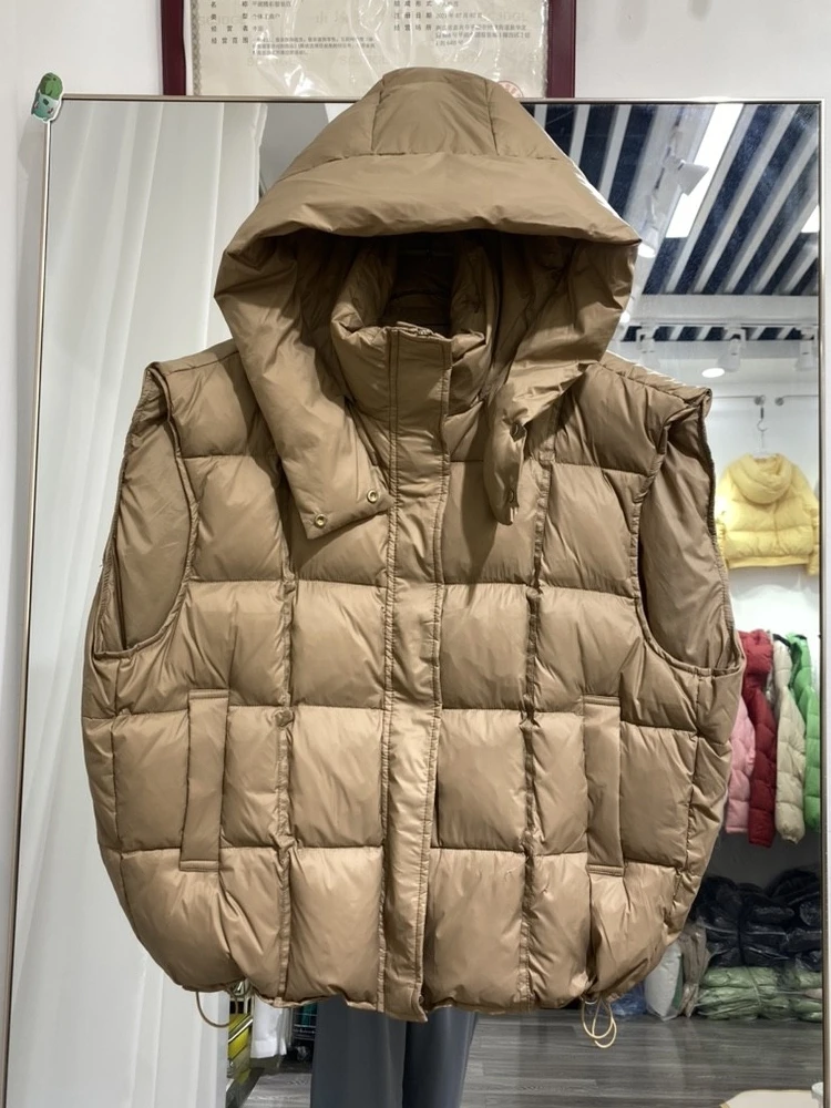 Chaleco sin mangas con capucha para mujer, chaqueta cálida de plumón, abrigo de alta calidad, color verde, estilo coreano, invierno, 2023