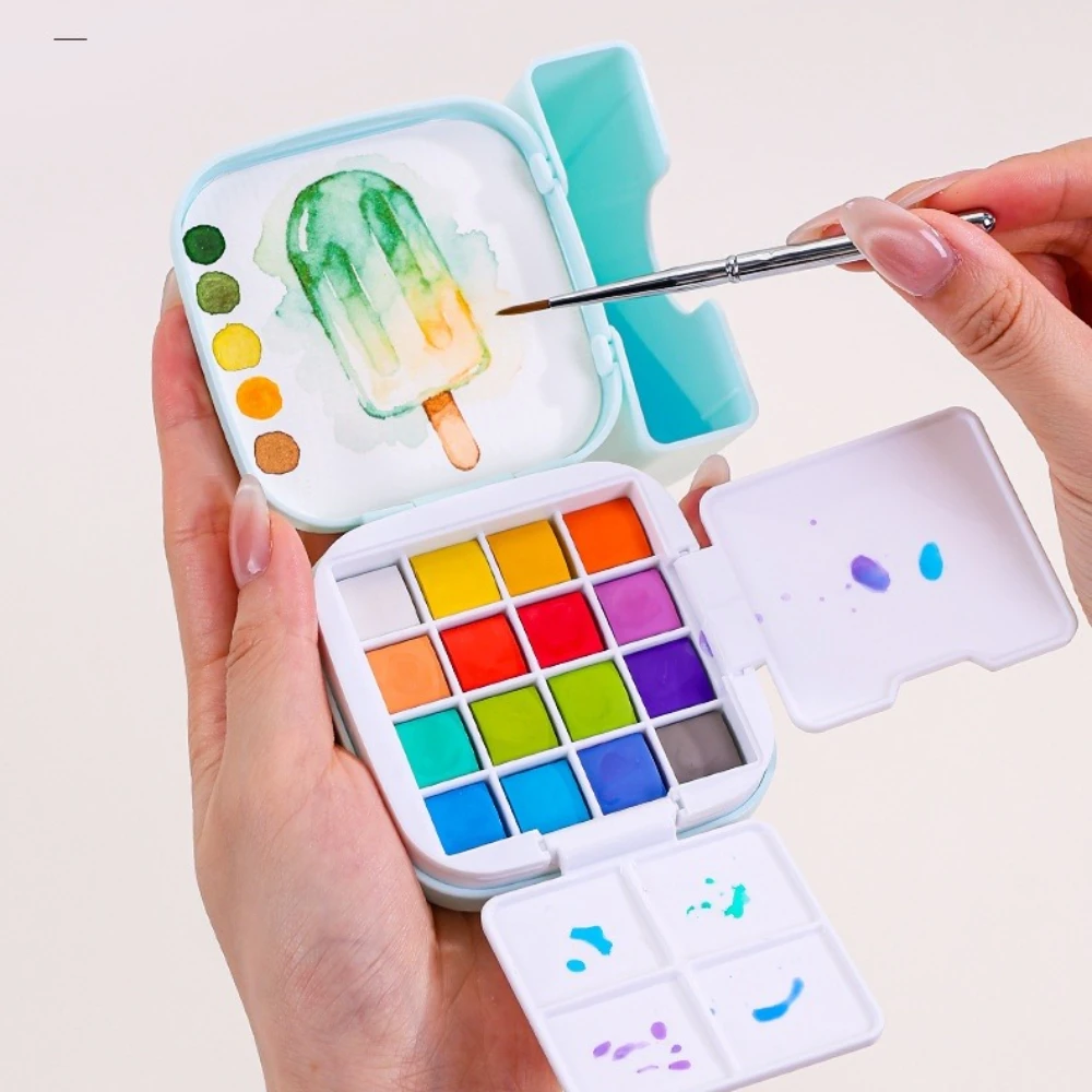 Languo 16 Colors Mini Portable Solid Watercolor Paint Set with Brush Palette Travel Sketching Painting Box Art Drawing Supplies view 4