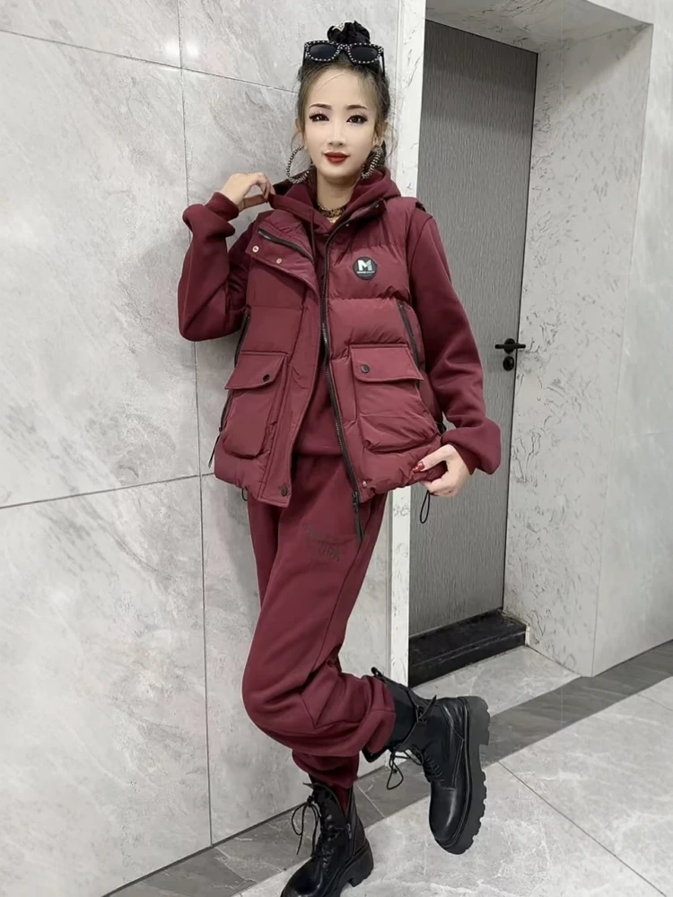 Fashion casual sports suit 2025 winter thick vest hooded sweatshirt Sequin Cotton jacket sweatpants three piece set for women