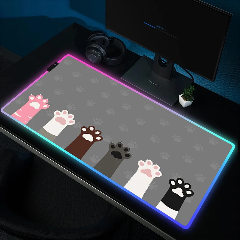 Большой игровой коврик для мыши Kawaii Cat Paw коврик для мыши RGB резиновый коврик для мыши геймерский нескользящий Настольный коврик с рисунком светодиодный HD Коврик для игрового стола