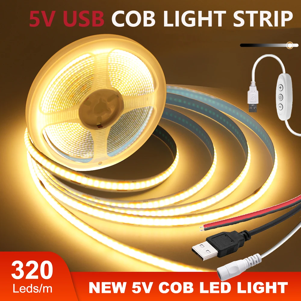 DC 5V COB LED Strip Light With USB 2PIN Wire DC Plug 8MM 320LED High Density Flexible Tape 3000K 4000K 6000K Warm Natural White