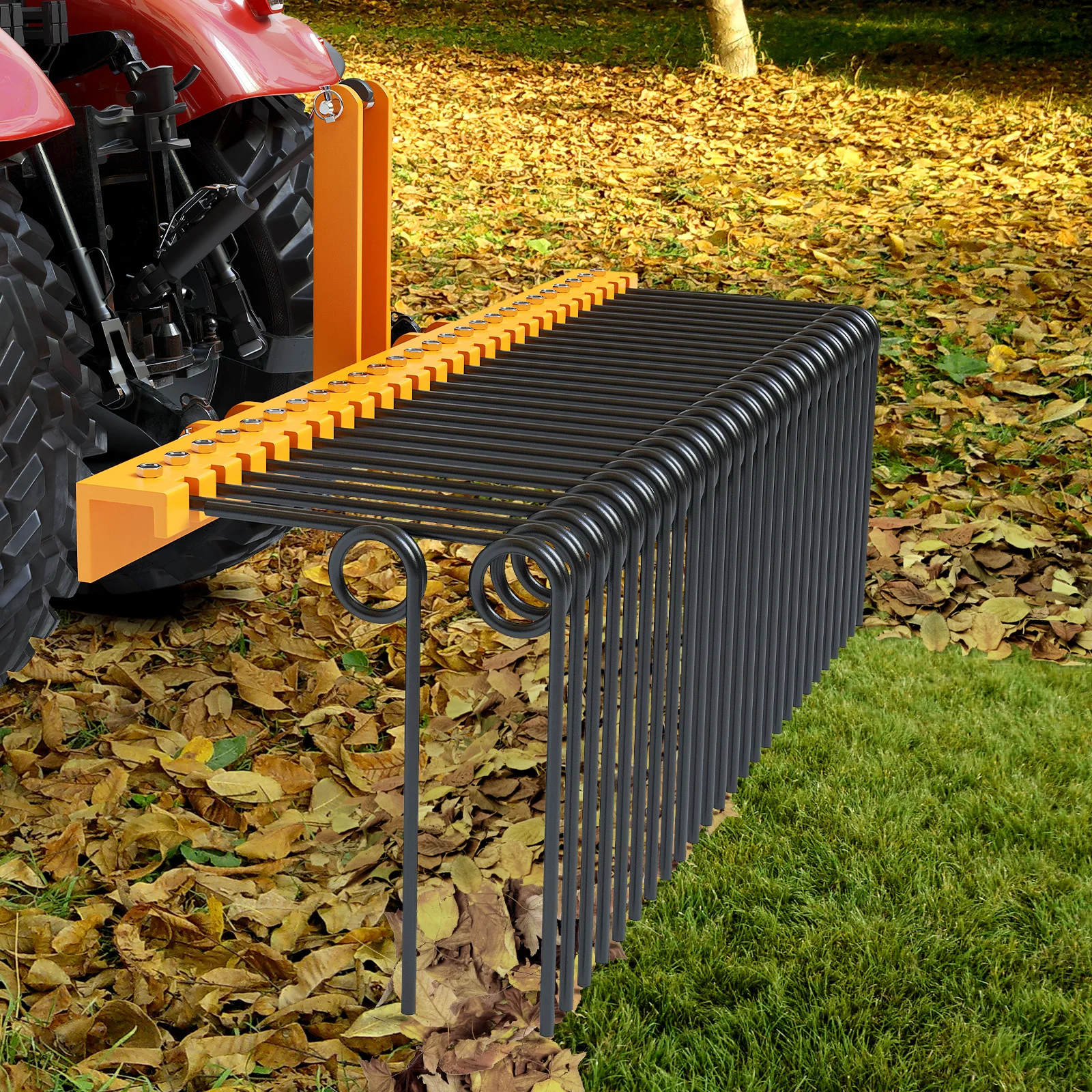 Durable Powder Coated Steel Pine Straw Rake Steel Spring Landscape Rake Attaches to Cat 0 Cat 1,3 Point Hitch for Tractor