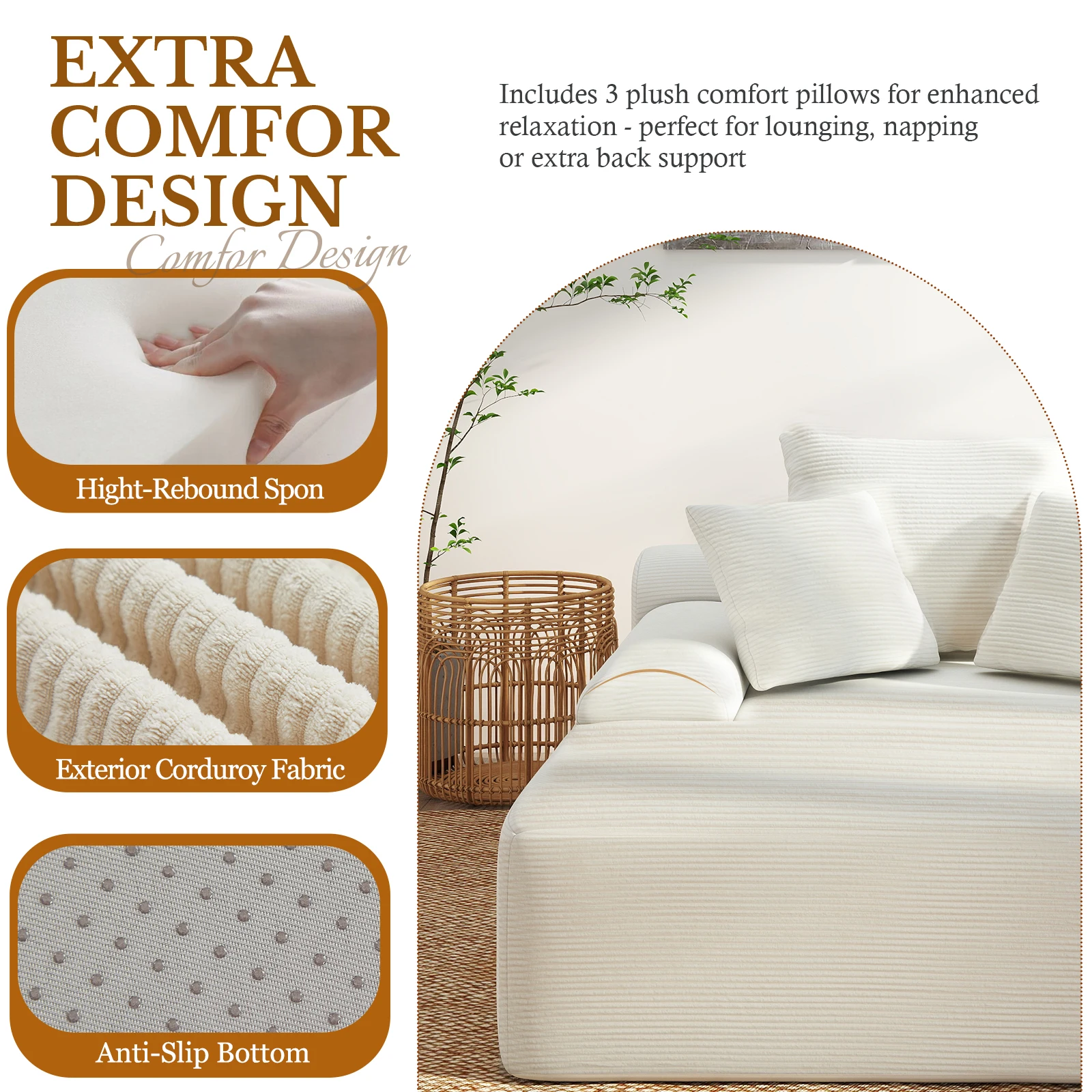 كرسي صالة تشيس 70 بوصة داخلي، أريكة سرير منجدة بدون عظم مع مساند للذراعين و3 وسائد، أريكة كلاود سليبر تشا #4