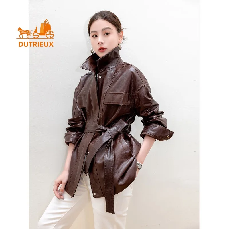 新しい秋の女性用ミッドレングス本革ジャケット、100%本物のシープスキン、スリムフィットカジュアルファッションジャケット、女性に最適