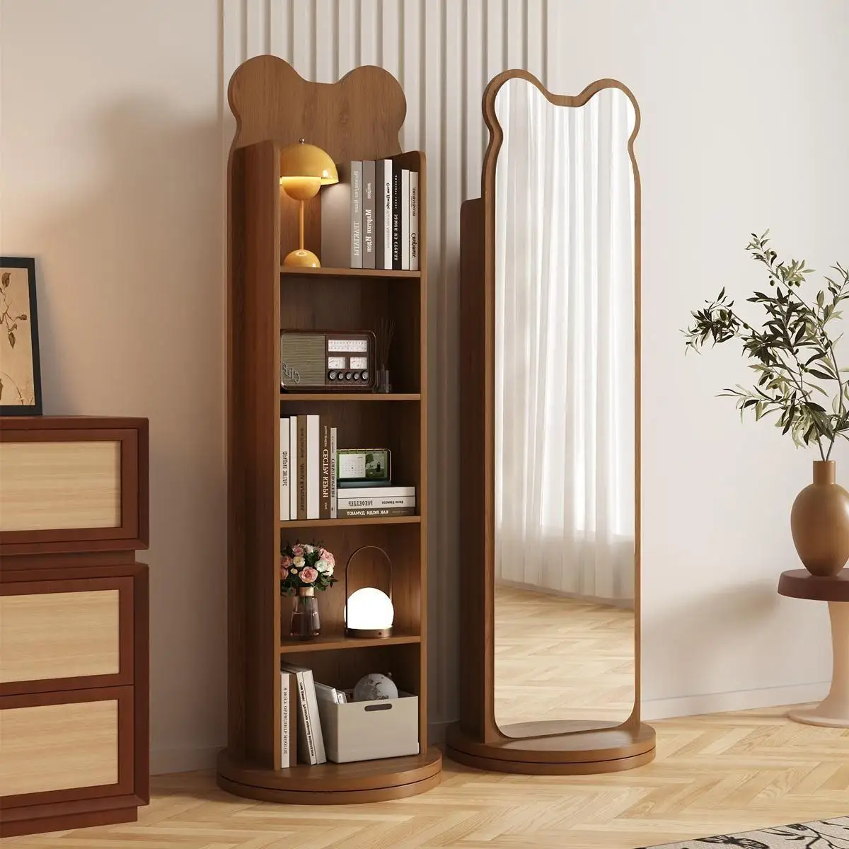 High-end new Chinese full-length mirror - bear rotating full-length mirror multi-functional floor bookshelf fitting mirror