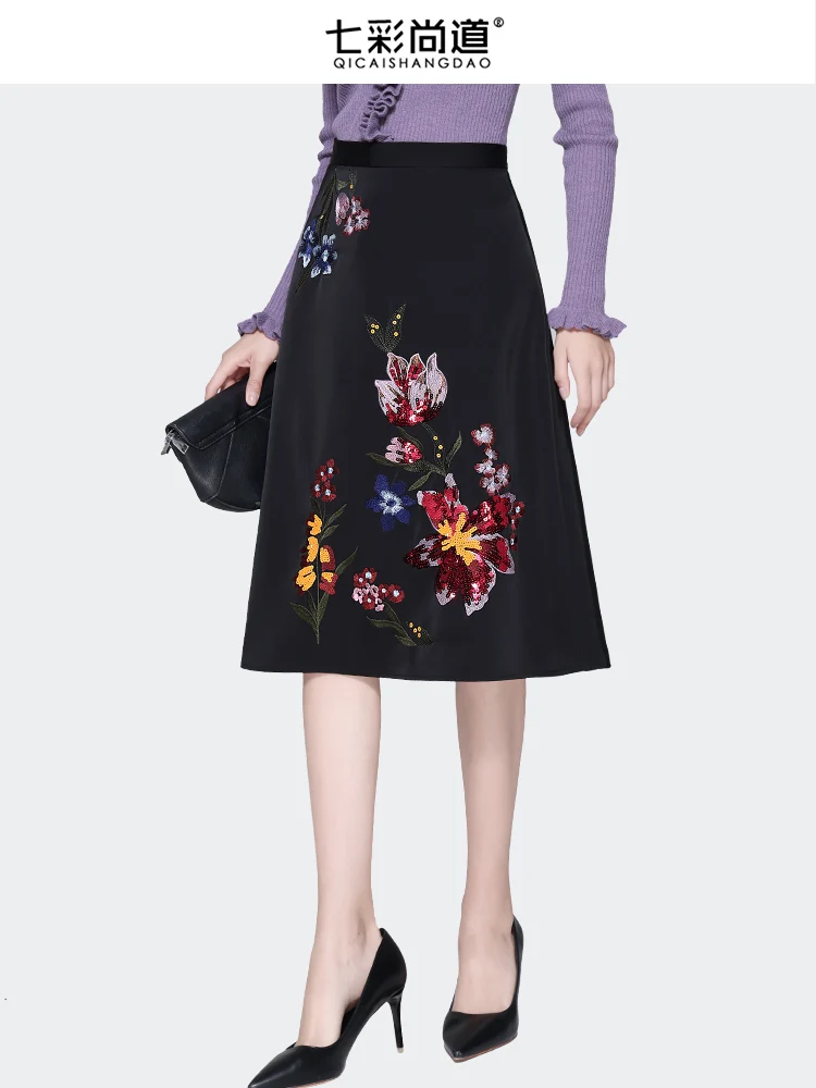Vintage Black Embroidered Skirt Women Autumn New High Waist A-line Mid-length Soft Satin Skirts