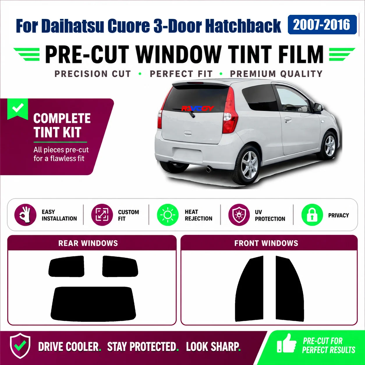 For Daihatsu Cuore 3-Door Hatchback 2007-2016 Custom Fit Front Window Rear Window Precut Tint Film Vehicle Sun Shade