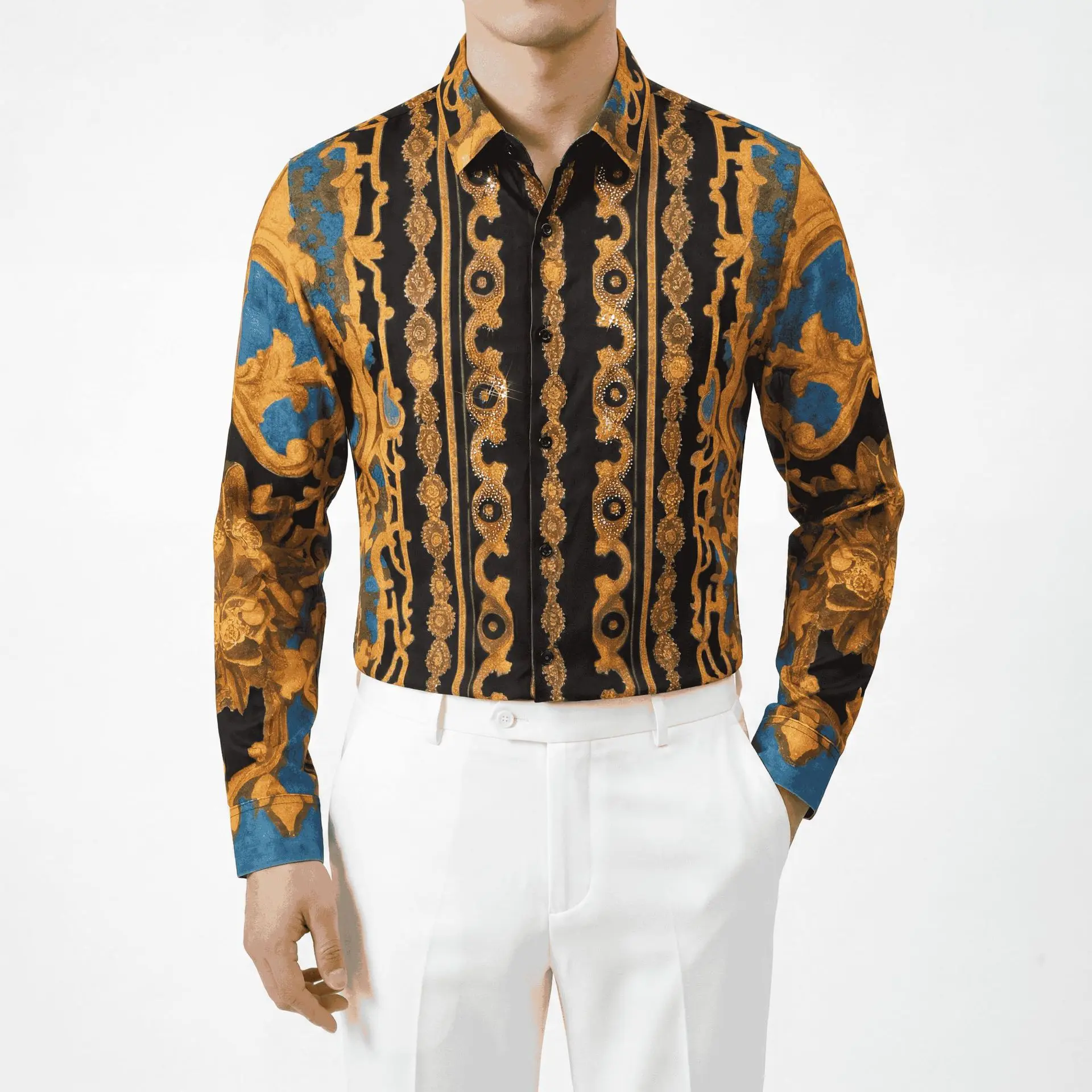 Brand Palace Style Floral Rhinestone Shirt for Men Long Sleeved Social Banquet Party Shirt Slim Fit Casual Business Dress Shirts