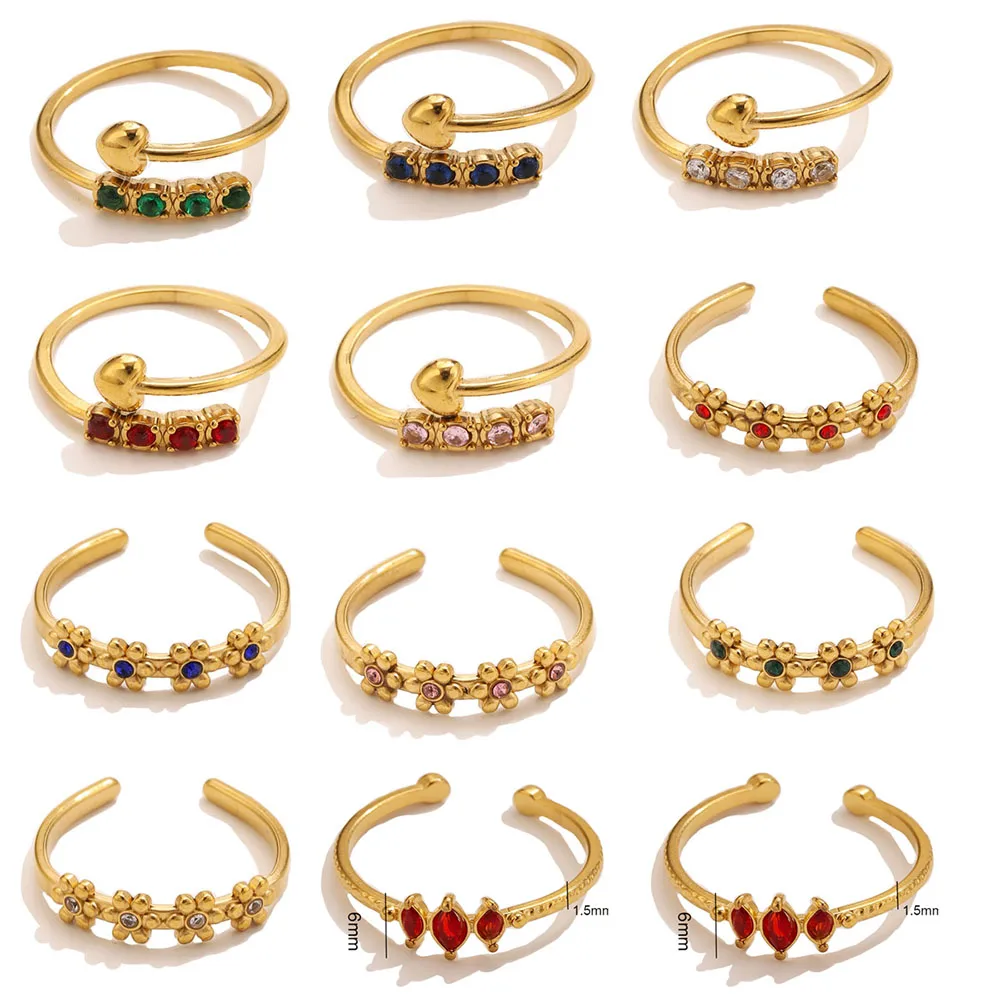 1 Stück Vergoldeter Edelstahlring für Frauen Bunter Zirkon Blumen-Herz Dünner Ring Stapelbarer Fingerschmuck Tägliches Tragen – Detail 3