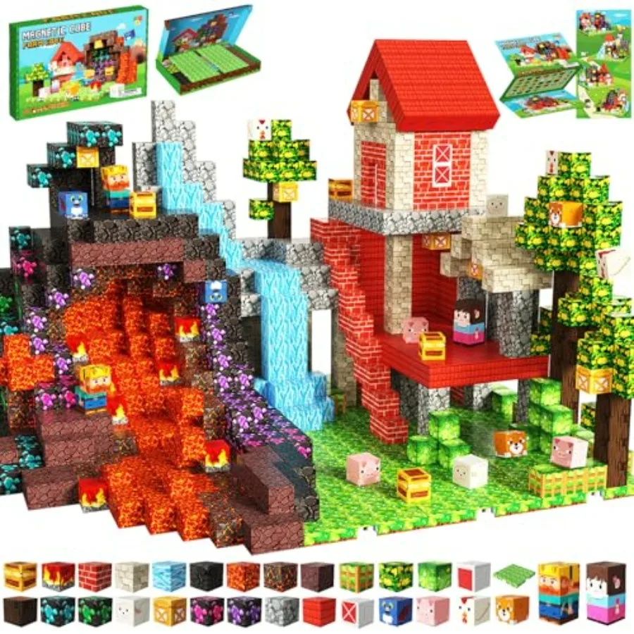 

150 PCS Magnetic Blocks, Magnetic Building Blocks Cubes, Farm Magnet Toys for Ages 3+, Magnet Blocks with 4 Bottom Plate for Bo