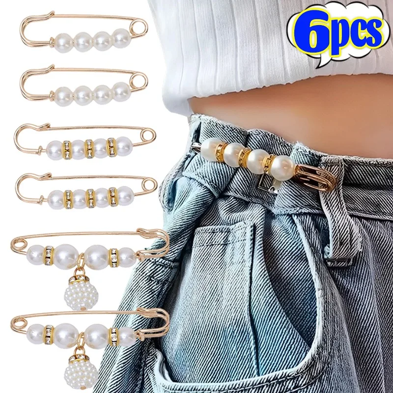 6Pcs/set Womens Korean Style Pearl Waist Buckle Brooch Set Adjustable Overall Safety Pins Alloy Decorative Clips for Jeans Dress