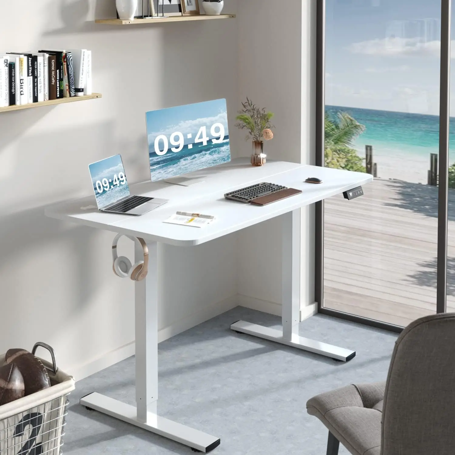 Height adjustable upright desk, 48 x 24 inch sitting upright desk, home office computer desk, T-shaped metal bracket, white