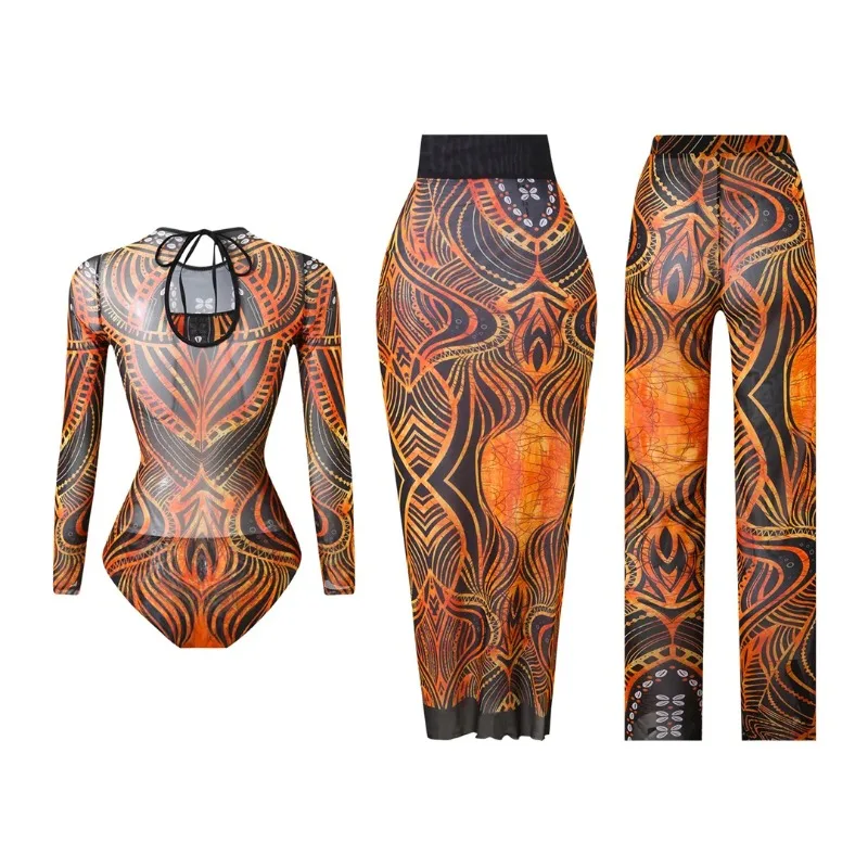 Printed Bathing Suit Women Long Sleeve One Piece Swimsuit Bandage Cover Up Straight Pants Female Beachwear Swimwear Three Piece