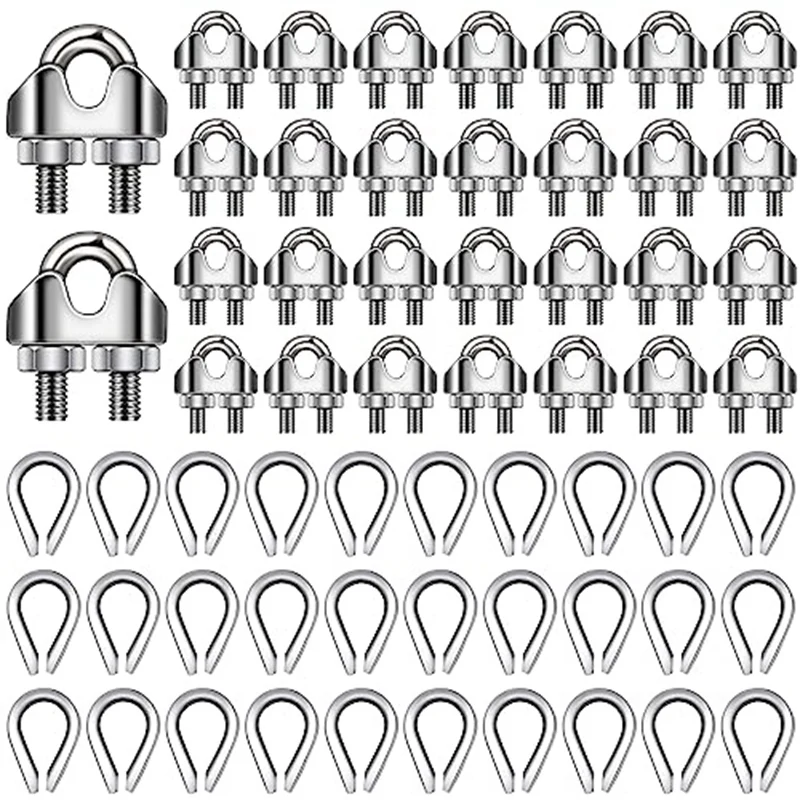 

60 PCS 1/8Inch Wire Rope Kit M3 Metal Wire Rope Cable Clamp And M3 Stainless Steel Thimbles Simple To Install Wide Applications