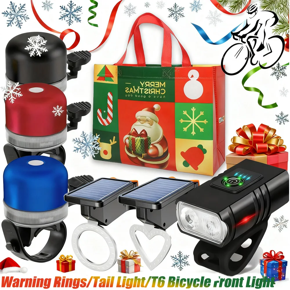 

Комплект перезаряжаемых велосипедных фонарей, велосипедный налобный фонарь, светодиодный передний фонарь, задний фонарь, фонарик, предупредительная лампа безопасности и колокольчик, рождественская распродажа
