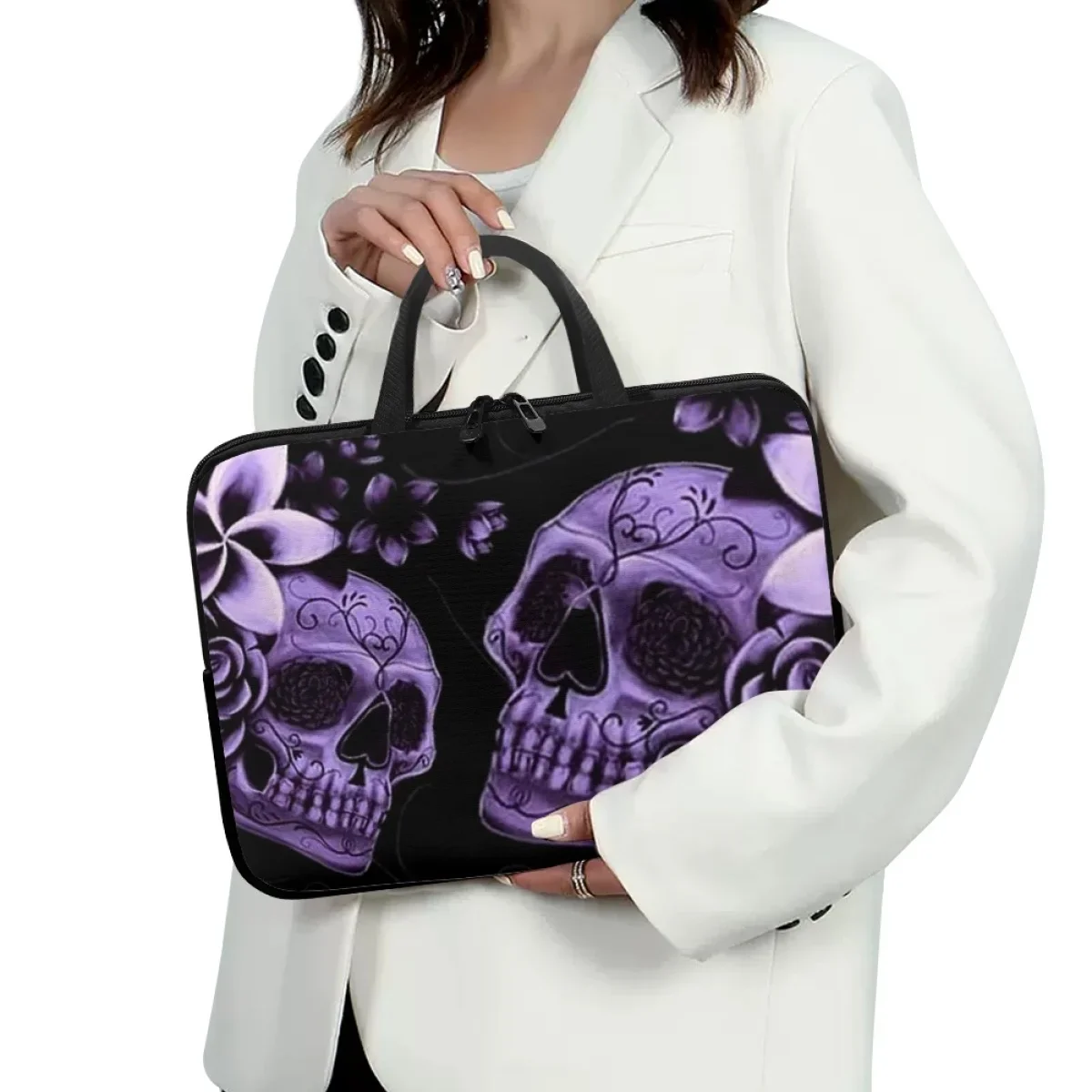 Purple Rose Skull Print Laptop Sleeve Protective Shoulder Handbags Carrying Bag Halloween Gift Zipper Briefcase Tablet Bag 2024