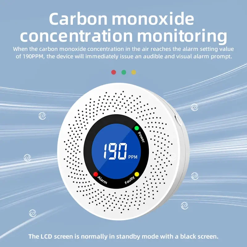 Novo detector autônomo de monóxido de carbono, alarme de co com tela, alimentado por bateria, certificação ce para uso doméstico, cozinha e