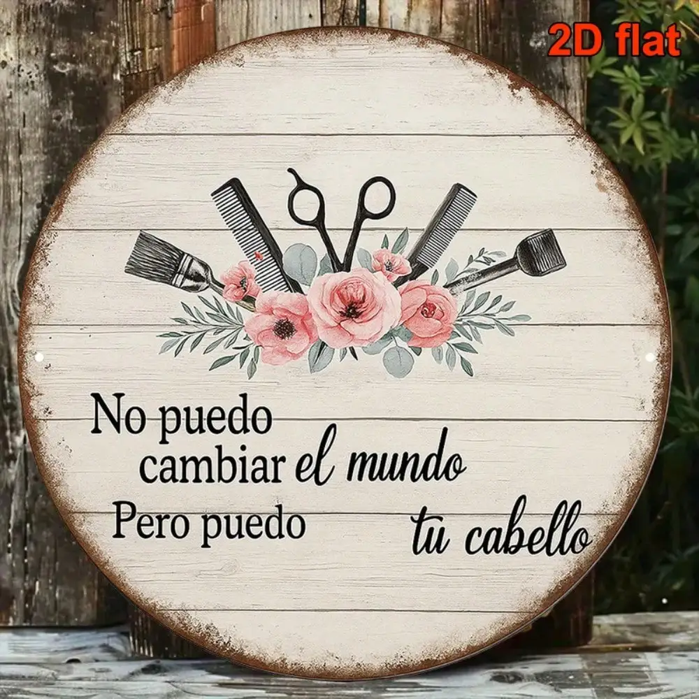 Letrero de Barbería Español Vintage, Placa Redonda de Aluminio de 8 Pulgadas para Decoración de Salón o Tienda