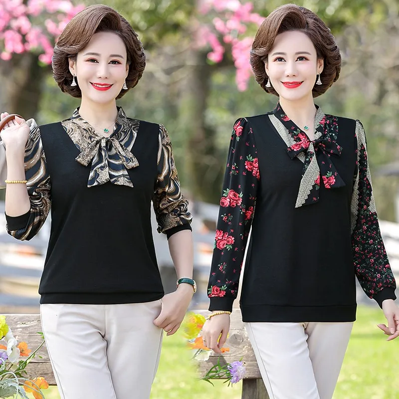 Female Clothing Printed Bowtie collar Shirt Bandage Spring Autumn New  Patchwork long sleeves Blouse