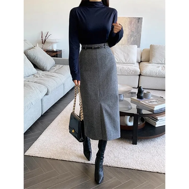 Gray Pencil Skirts Belted Elegant Women Slim Office Ladies Casual A-Line High Waist Split Midi Skirt Autumn Winter