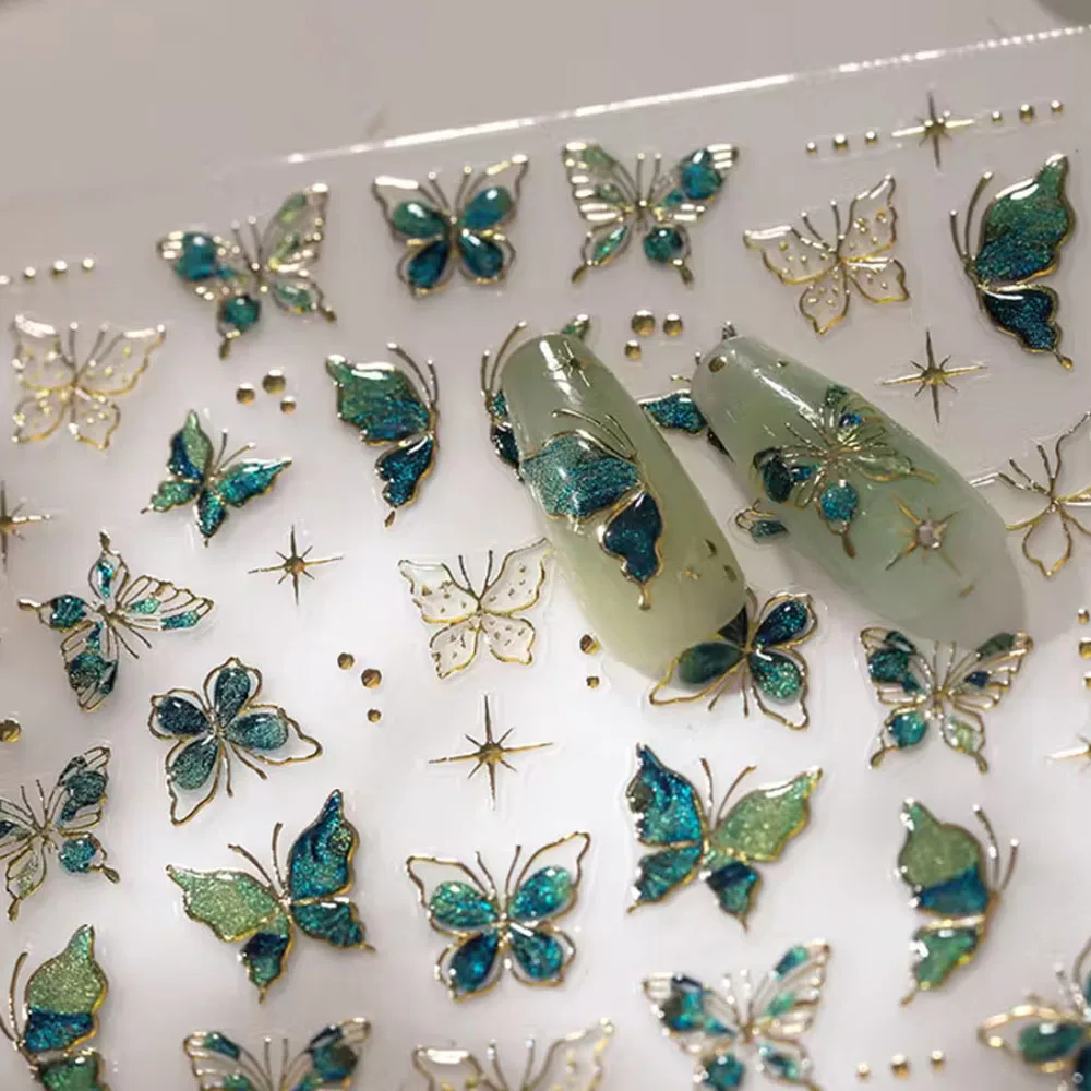 1 unidad de pegatinas para decoración de uñas con mariposa verde dorada bronceadora de gelatina, diseño de brillo con Flash 5D, adhesivo para decoración de uñas, accesorio de manicura