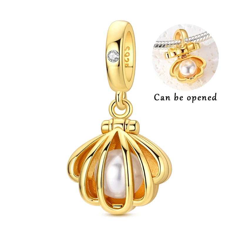 

925 Sterling Silver Charms Bead Gold Clamshell Dangle Fit Original Bracelet DIY Women Jewelry