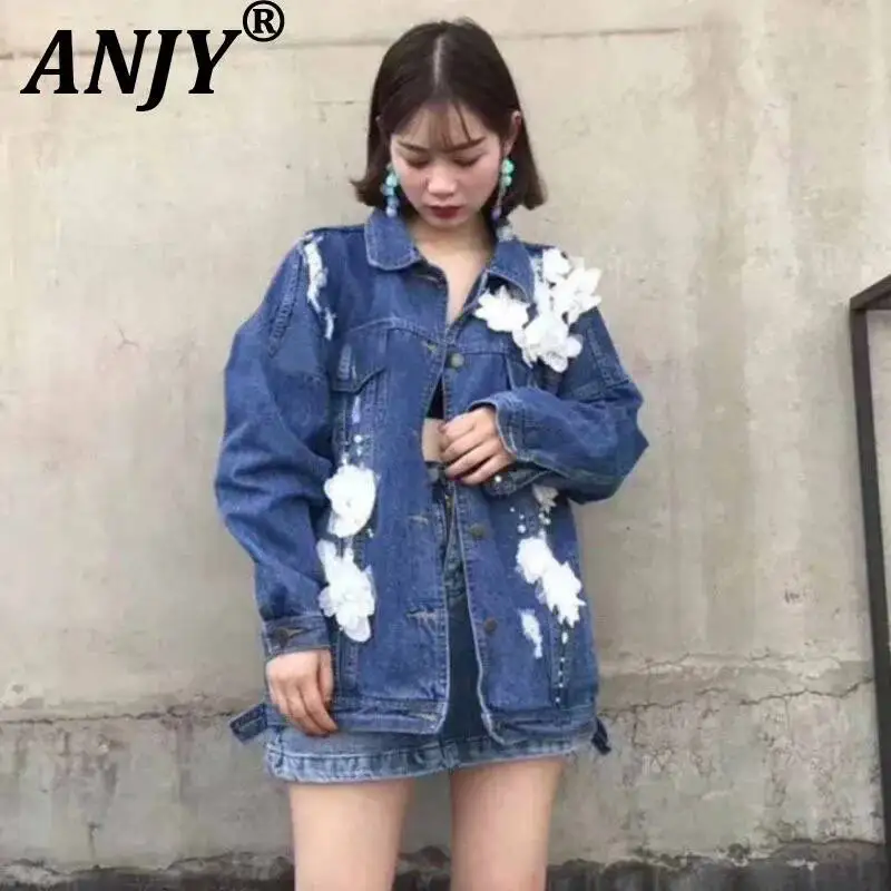 ANJY Spring Autumn New Women European Style Heavy Embroidered Flares Three-Dimensional Floral Ripped Stylish Denim Jacket A22804