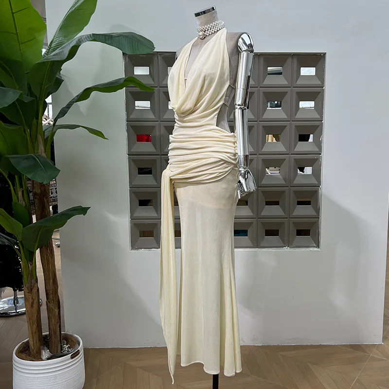 Fashion Solid Women's Dresses Color Pleated Sleeveless Backless Casual Sexy Dress Summer 2025 New Style Party Cocktail Ball Gown