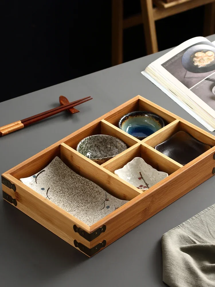 Five-grid sushi set, one homestay tableware, multi-grid meal bamboo box, dessert plate, hot pot grid, bamboo plate