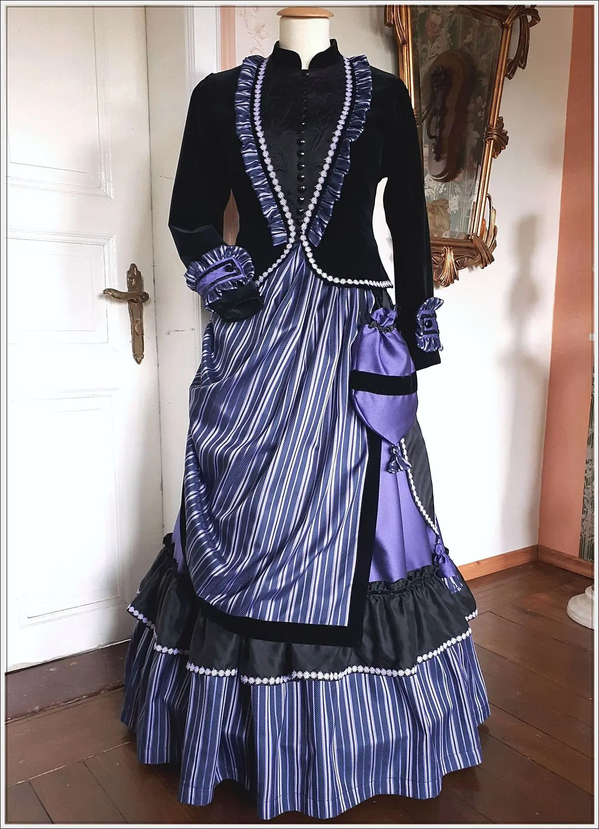 

Victorian Gothic Striped Bustle Dress Edwardian Duchess Walking Day Costume Historical Christmas Theatre Polonaise Ball Gown