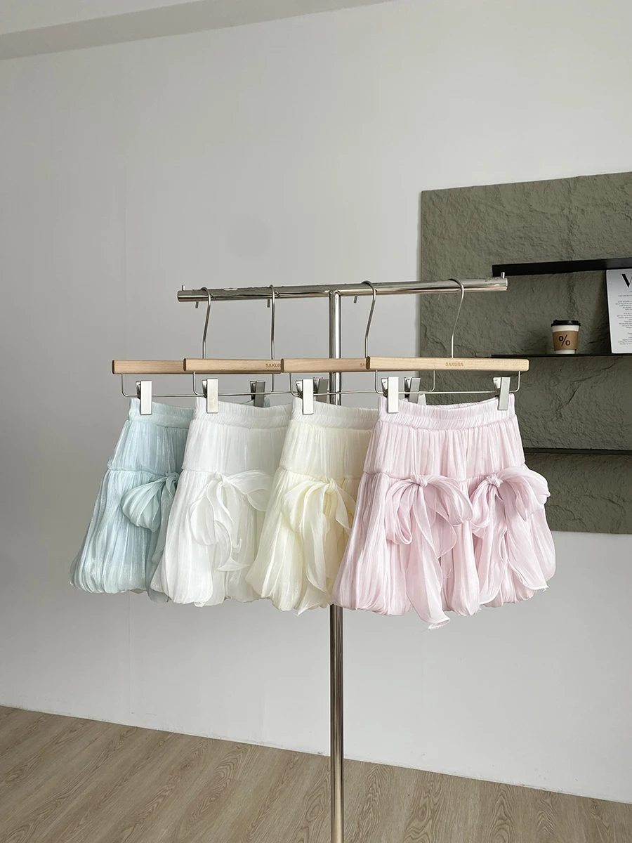 

Women's Lovely Bowknot Elastic Waist Bud Mini Skirt Lady Summer Solid Color High Waist Puffy A Line Short Skirt