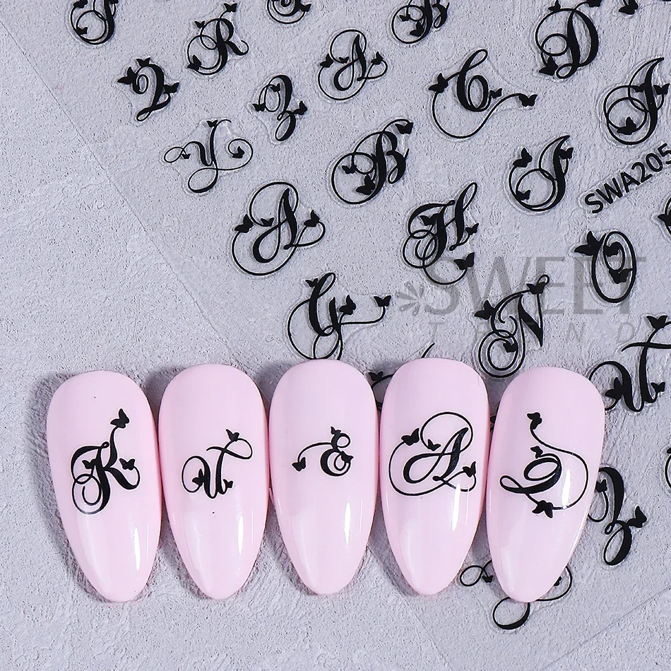 4pcs Gothic Letter Nail Sticker Y2K Cool Design Black White English Alphabet Adhesive Nail Decal DIY Manicure Decoration Sliders 4