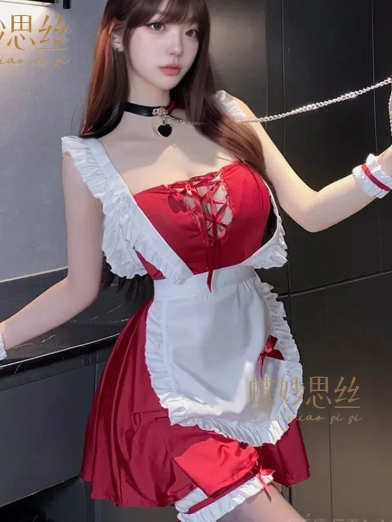 

Sexy Deep V Hollow Out Lace Women's Maid Costume Cosplay Bow Bib Lace Suspenders Backless Deep V Sleeveless Dress Charming DQLQ