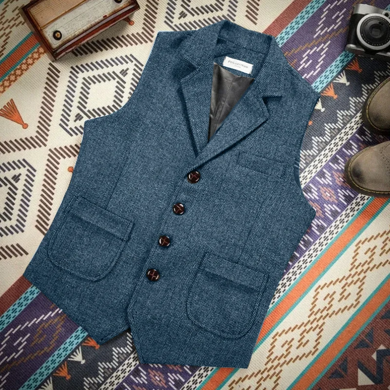 Men Vest Royal Blue Steampunk Formal Male Ethnic Herringbone Wool Tweed Vintage For Wedding Business Banquet Waistcoat