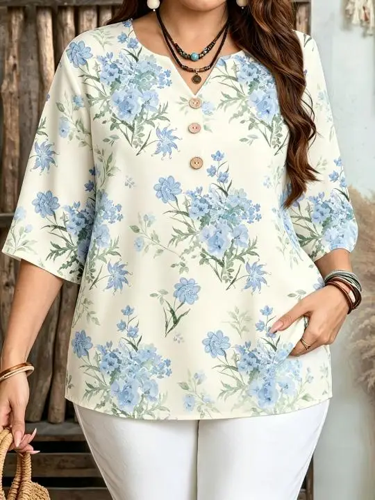 Plus Size Watercolor Floral Print Blouse Notch V Neck 3/4 Sleeve Wooden Buttons Loose Casual Women Top